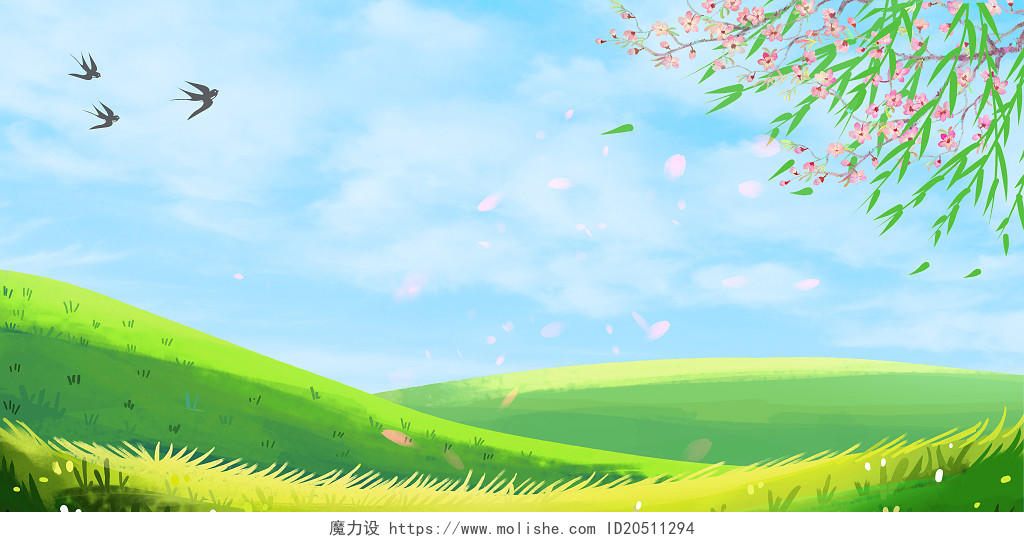 蓝绿色小清新春天蓝天草地柳树花朵春天柳树叶子展板背景